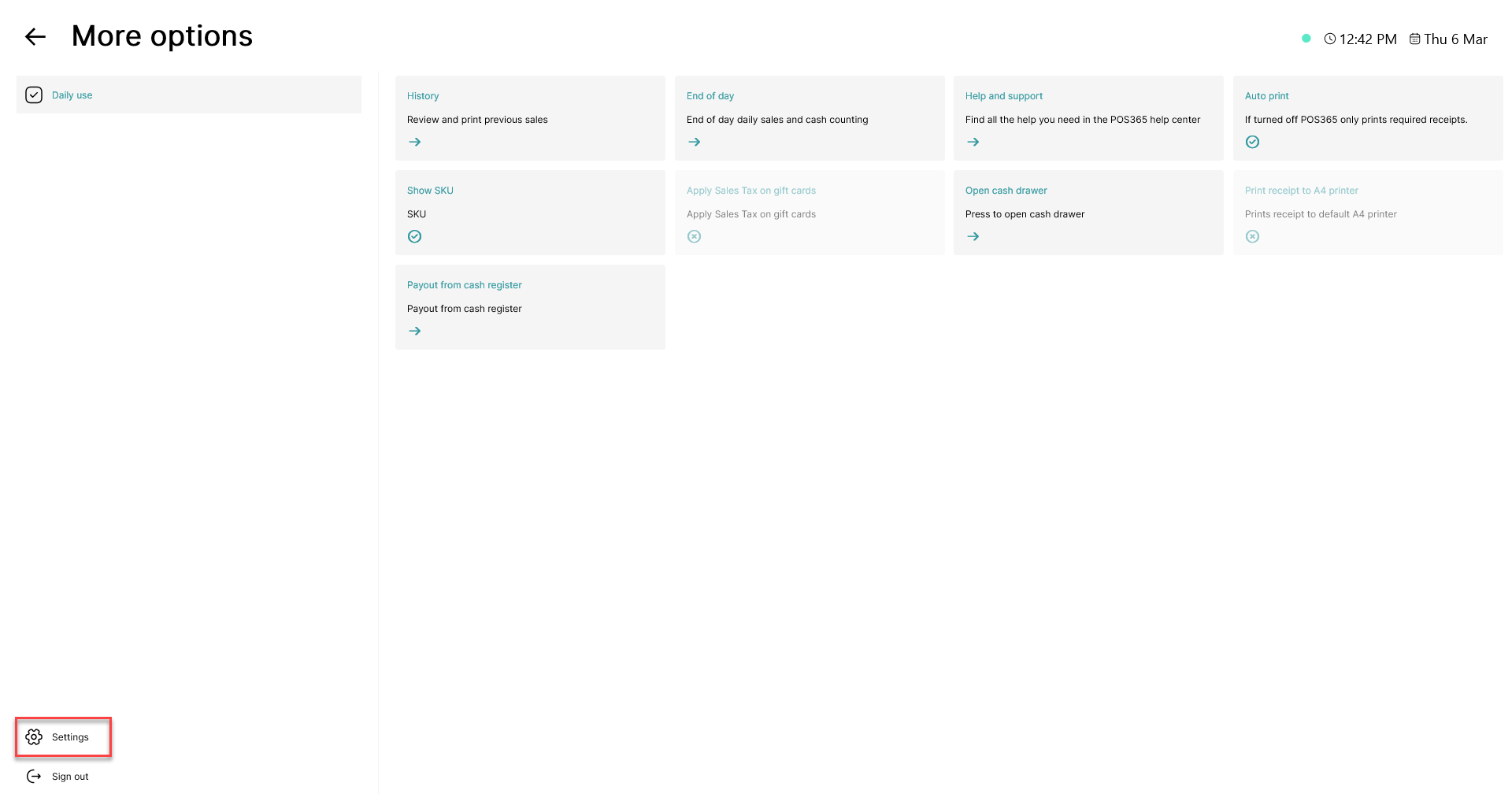 POS365 menu with Settings button